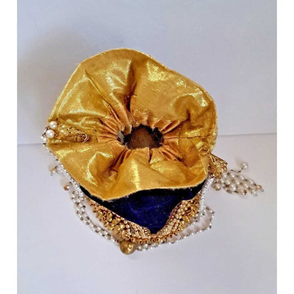 Royal Blue Velvet Potli Bag Gold Beadwork Pearl Handle Ethnic Wedding Clutch